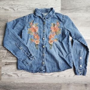 Mia Joy Floral Embroidered Chambray Shirt Girls Boho Boutique Top SZ 8 Cotton